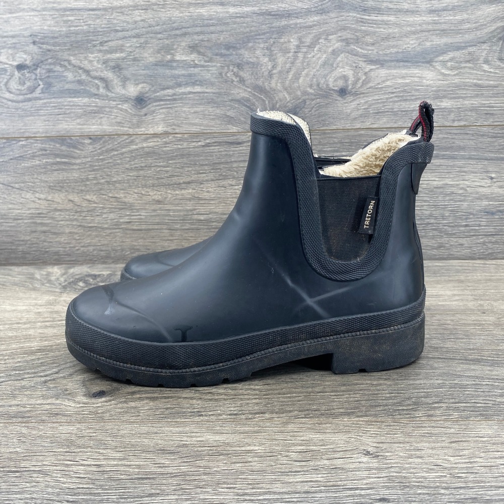 Tretorn Chelsea Rain Boots Womens Size 6 Black Fleece Lined Rubber Ankle Boots